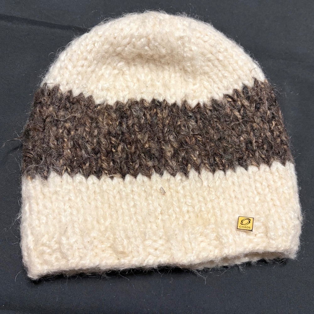 Chaos Cream Brown Striped Chunky Knit Mohair Blend Winter Beanie Hat